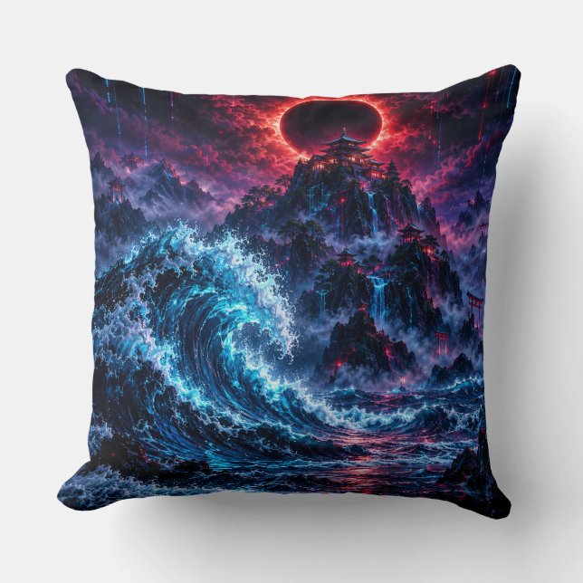 Japanese Cyberpunk Mountain Wave Eclipse Poster Kudde (Framsida)