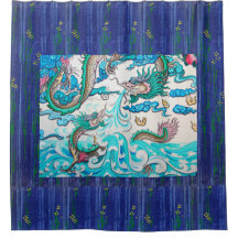 JAPANESE DRAGON ON BLUE SHOWER CURTAIN