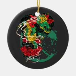 Japanese Dragon Peony Traditional Tattoo Art Julgransprydnad Keramik