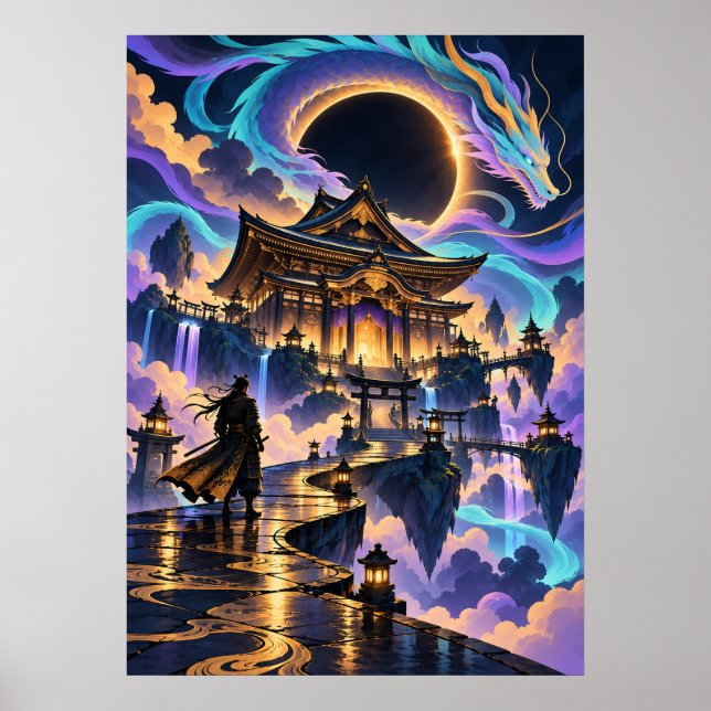 Japanese Dragon Samurai Fantasy Temple Poster (Framsidan)