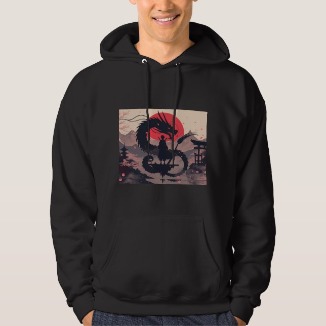 Japanese Dragon & Samurai Zen Art Hoodie (Framsida)