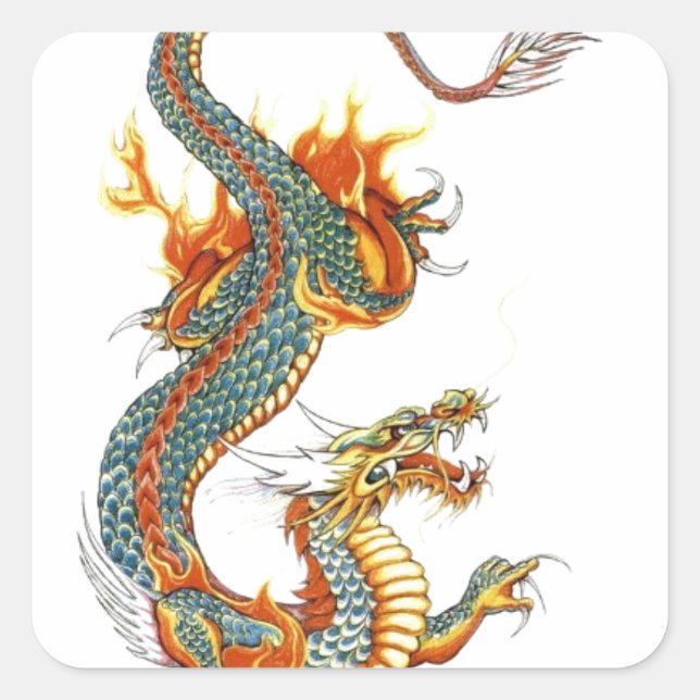 JAPANESE FÄRGAD DRAGON FYRKANTIGT KLISTERMÄRKE (Framsida)