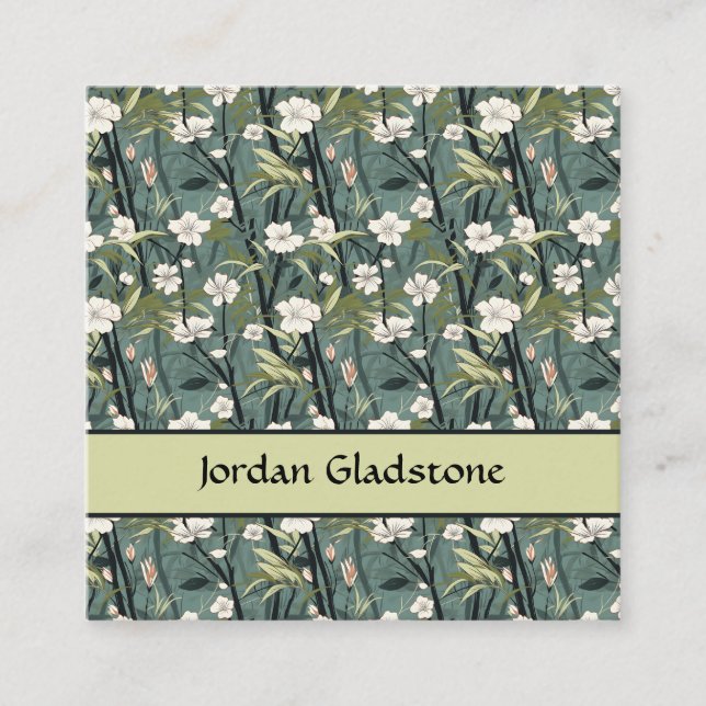 Japanese Floral Bamboo Sage Green Black Template  Fyrkantigt Visitkort (Framsida)