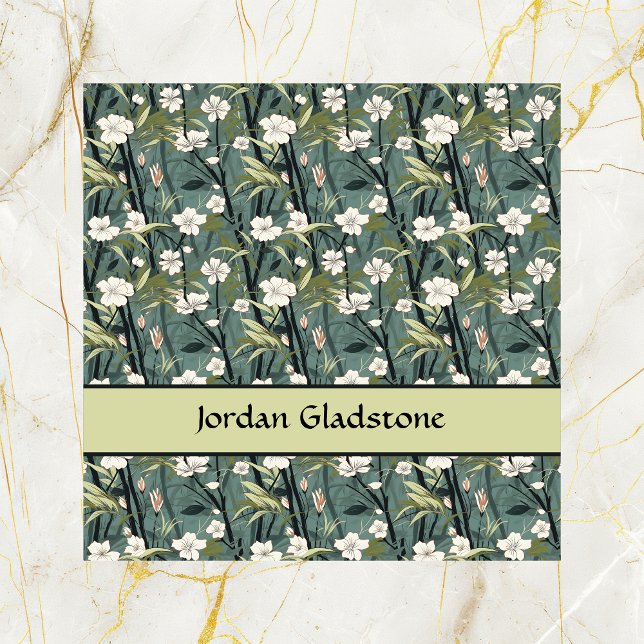 Japanese Floral Bamboo Sage Green Black Template  Fyrkantigt Visitkort (Skapare uppladdad)