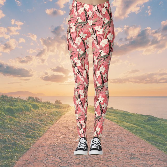 Japanese Floral Blossoms in White on Pink Burgundy Leggings (Skapare uppladdad)