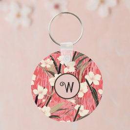 Japanese Floral in Salmon Pink White Red w Initial Nyckelring