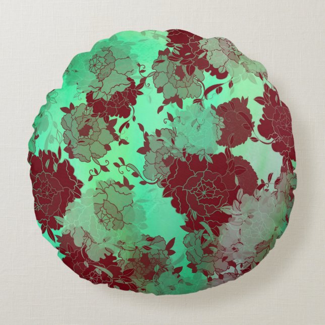 Japanese floral red patterns. rund kudde (Framsidan)