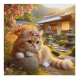 Japanese flowers and orange tabby cat perfect poster