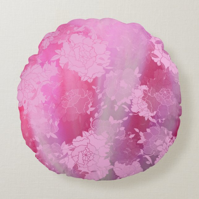 Japanese flowers pink patterns rund kudde (Framsidan)