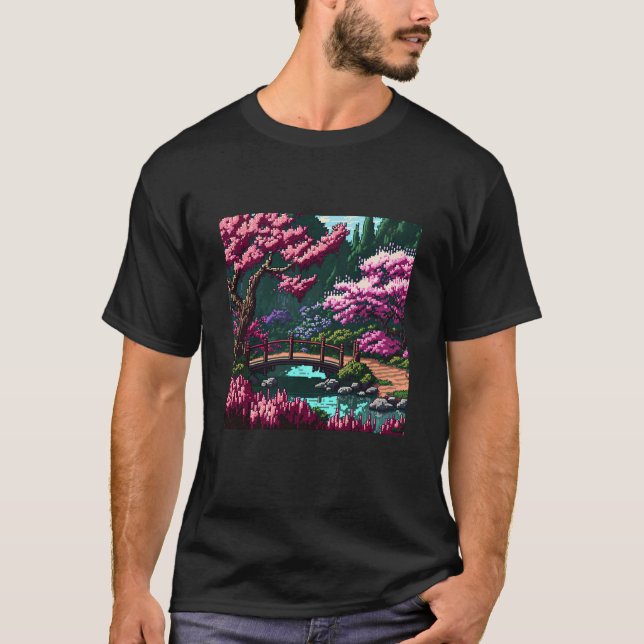 Japanese Garden with Bridge Cherry Blossom 16bit V T Shirt (Framsida)