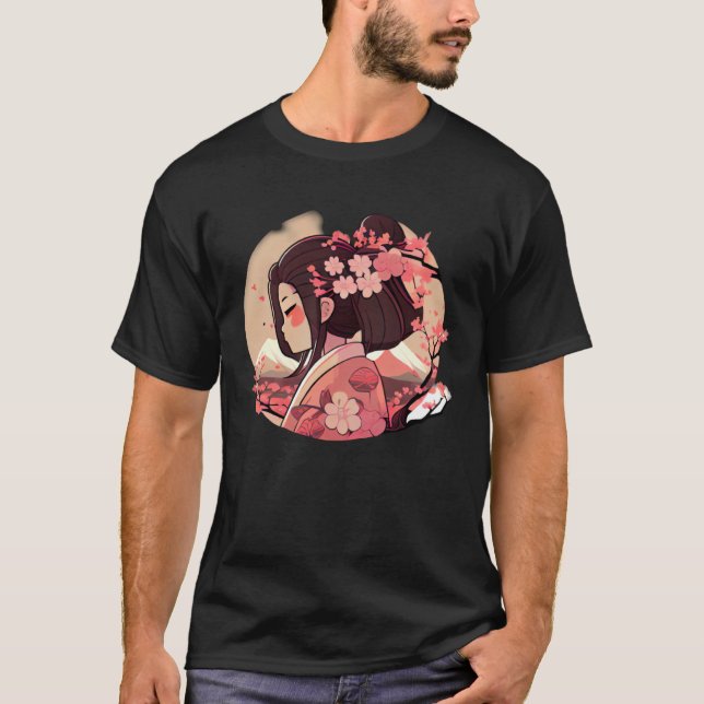 Japanese Geisha girl cherry blossom flowers snow m T Shirt (Framsida)