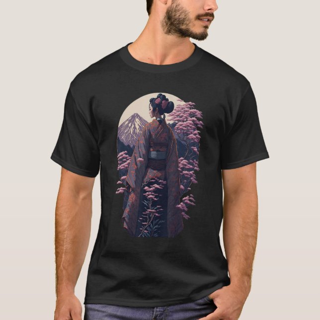 Japanese Geisha Kimono Japan Sakura Garden Mount F T Shirt (Framsida)