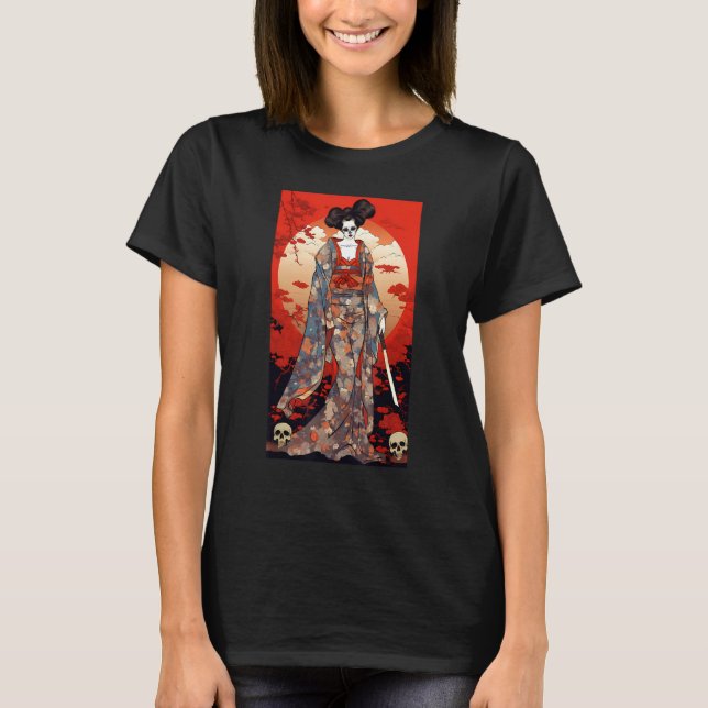 Japanese Geisha Skeleton  Geisha Skull Katana T Shirt (Framsida)
