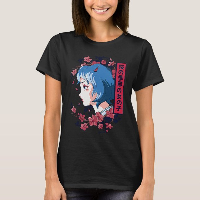 Japanese girl with cherry blossoms sakura Japanese T Shirt (Framsida)