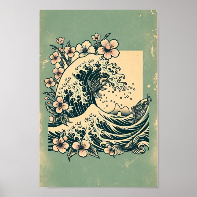 Japanese Great Wave Koi Fish & Cherry Blossom Art Poster (Framsidan)