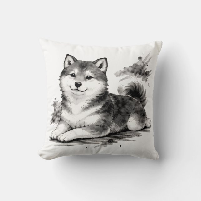 【Japanese Ink Puppy Throw Pillow】 Kudde (Framsida)