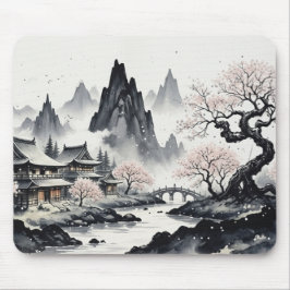 Japanese Ink Wash Landscape Mouse Pad - Zen Sakura Musmatta