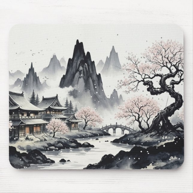 Japanese Ink Wash Landscape Mouse Pad - Zen Sakura Musmatta (Framsidan)