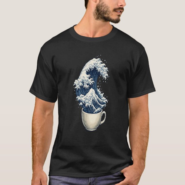 Japanese Inspired Ocean Wave Coffee Cup Art  T Shirt (Framsida)