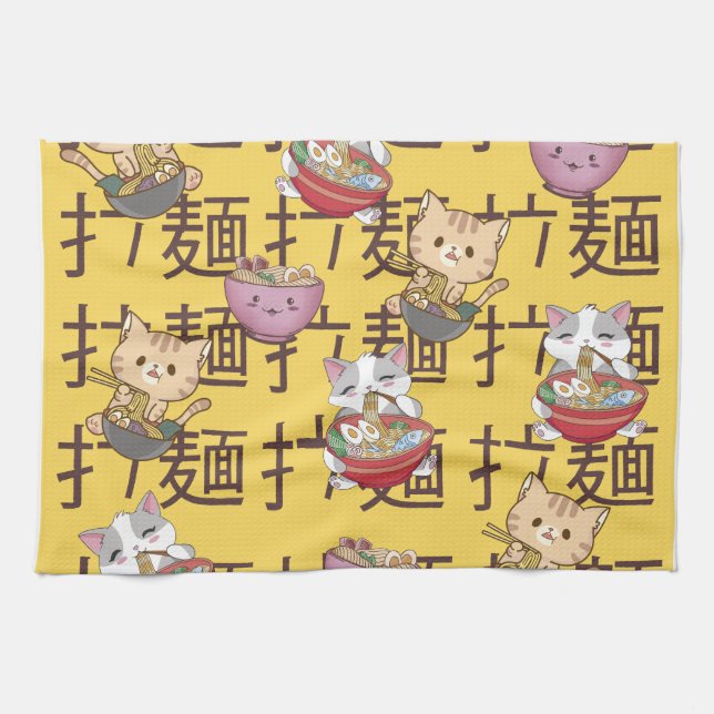 Japanese Kawaii Anime Cat Ramen Noodles Kökshandduk (Horisontell)
