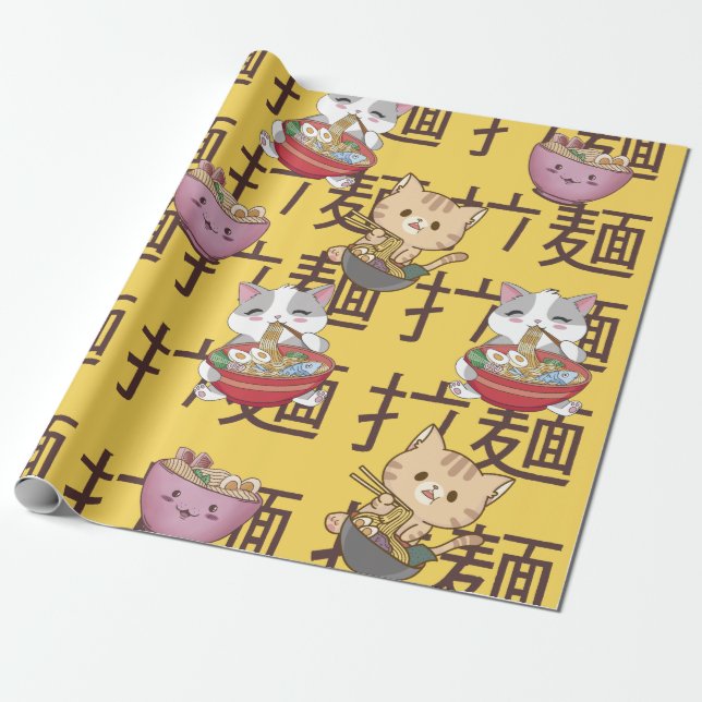 Japanese Kawaii Anime Cat Ramen Noodles Presentpapper (Utrullad)