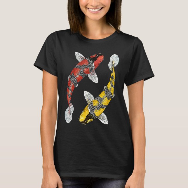 Japanese Koi Carp  Yin Yang Black Red and Yellow F T Shirt (Framsida)