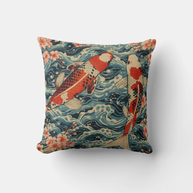 Japanese Koi Fish & Cherry Blossom— Ukiyo-e Wave  Kudde (Framsida)