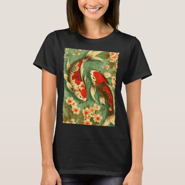 Japanese Koi Fish Cherry Blossoms Sakura Art Men W T Shirt (Framsida)