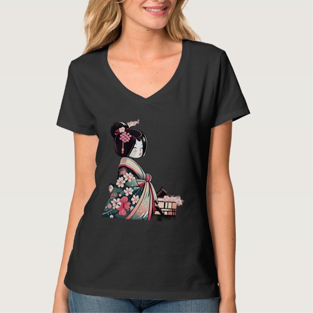 Japanese Lady Geisha with cherry blossoms T Shirt (Framsida)