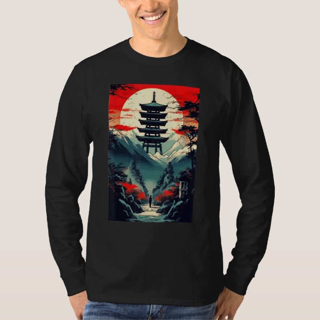 Japanese Landscape Mountains Valley Tower Sunset T Shirt (Framsida)