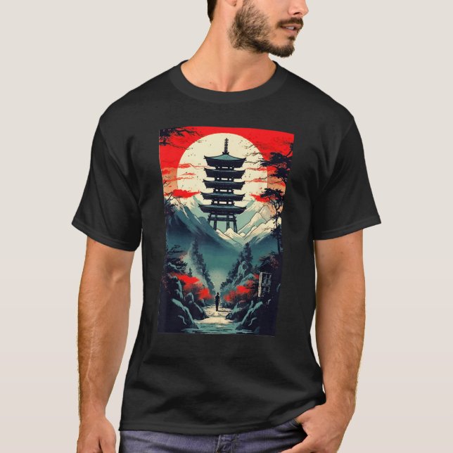 Japanese Landscape Mountains Valley Tower Sunset T Shirt (Framsida)