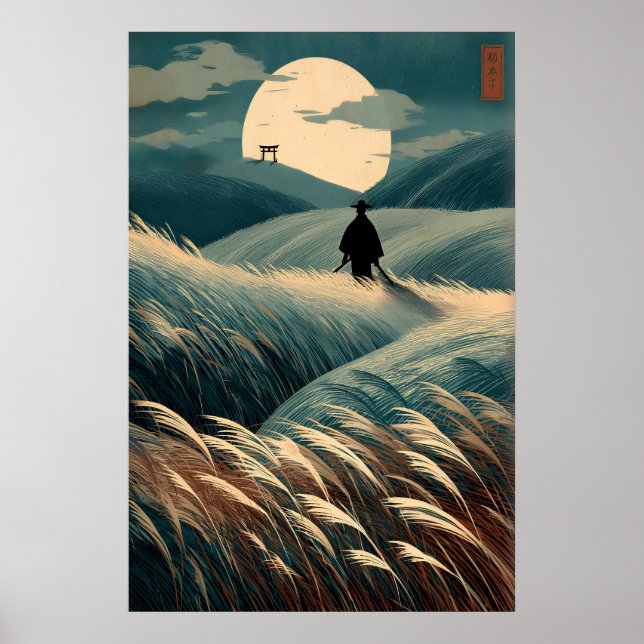 Japanese Landscape Print Moonlit Hills, Torii Gate Poster (Framsidan)