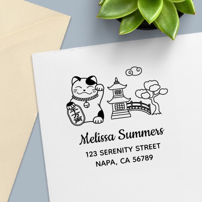 Japanese Lucky Cat, Maneki Neko Address 2 Självfärgande Stämpel (Skapare uppladdad)
