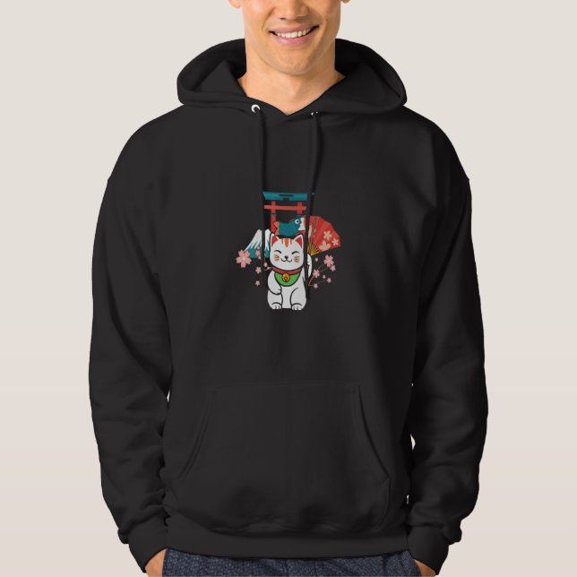 Japanese Lucky Cat Sakura Torii Hoodie (Framsida)