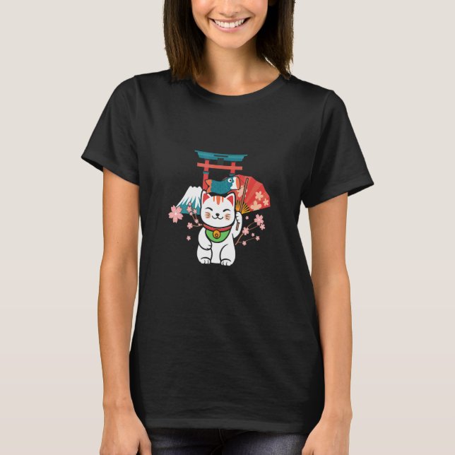 Japanese Lucky Cat Sakura Torii T Shirt (Framsida)