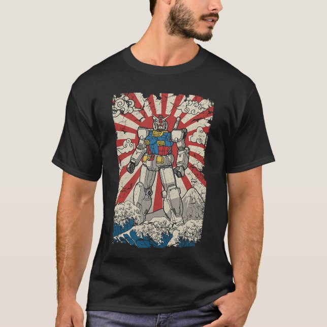 Japanese Mecha Anime Robot Kanagawa Great Wave Man T Shirt (Framsida)