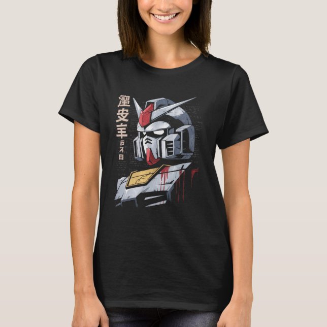 Japanese Mecha Robot Head Blueprint Sketch Art T Shirt (Framsida)