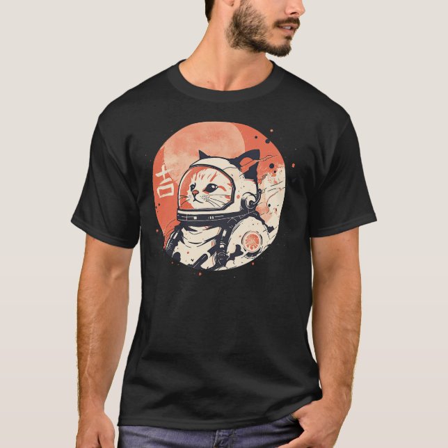 Japanese Minimalist 1950s Retro Space Cat Good Luc T Shirt (Framsida)