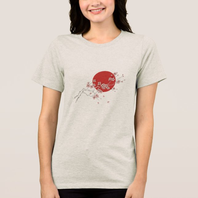 Japanese Minimalist Cherry Blossom Red Sun T-Shirt (Framsida)