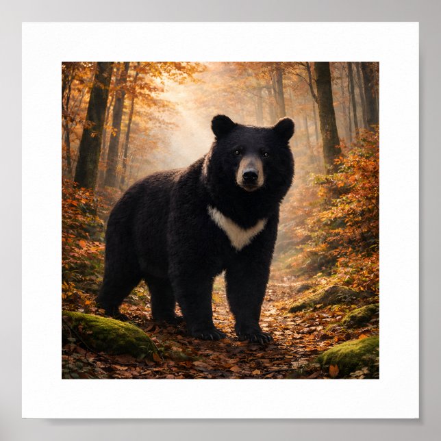 Japanese Moon Bear in Autumn Forest – Art Print Poster (Framsidan)