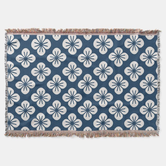 Japanese Navy Blue Ivory Floral Geometric Pattern Filt (Framsidan)