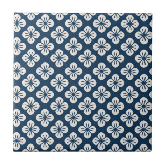 Japanese Navy Blue Ivory Floral Geometric Pattern Kakelplatta