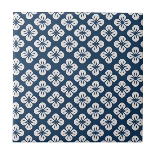 Japanese Navy Blue Ivory Floral Geometric Pattern Kakelplatta (Framsidan)
