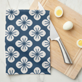 Japanese Navy Blue Ivory Floral Geometric Pattern Kökshandduk