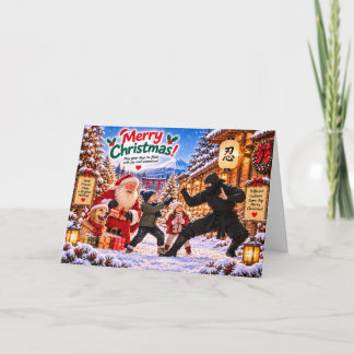 Japanese Ninja Christmas Card with Santa and Kids Kort
