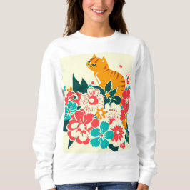 Japanese old scool cat and flowers t shirt