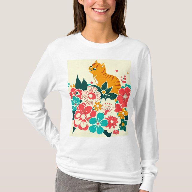 Japanese old scool cat and flowers t shirt (Framsida)