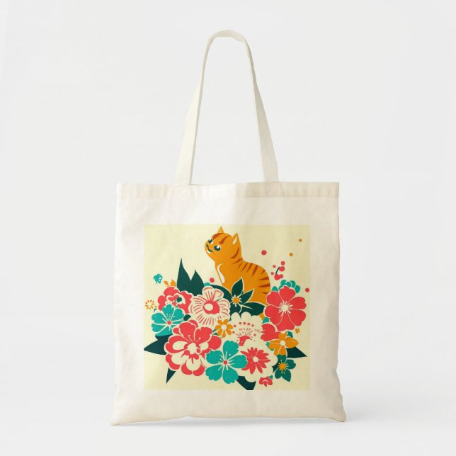 Japanese old scool cat and flowers tygkasse (Framsidan)