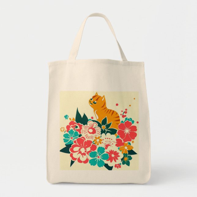 Japanese old scool cat and flowers tygkasse (Framsidan)