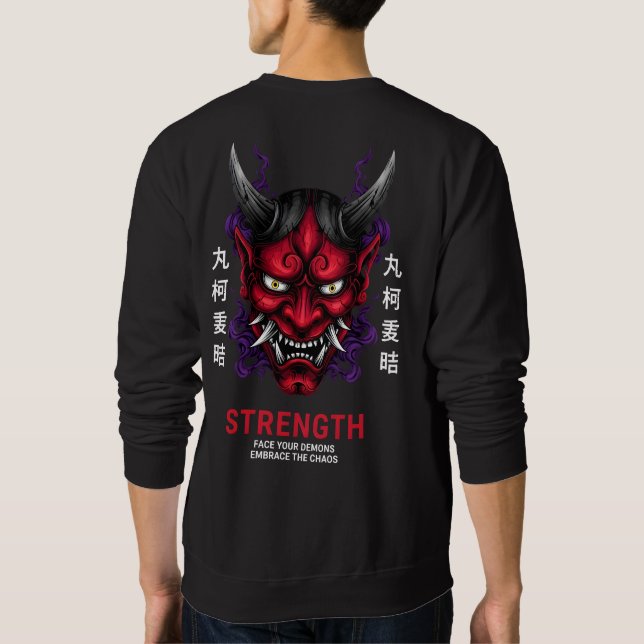 Japanese Oni Mask Motivational Strength Art Lång Ärmad Tröja (Baksida)
